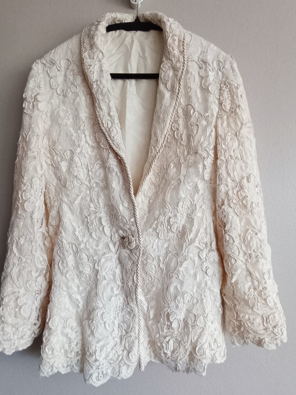 Vtg Custom 3D Ribbon Floral Lace Blazer Jacket Silk Lined Cream M